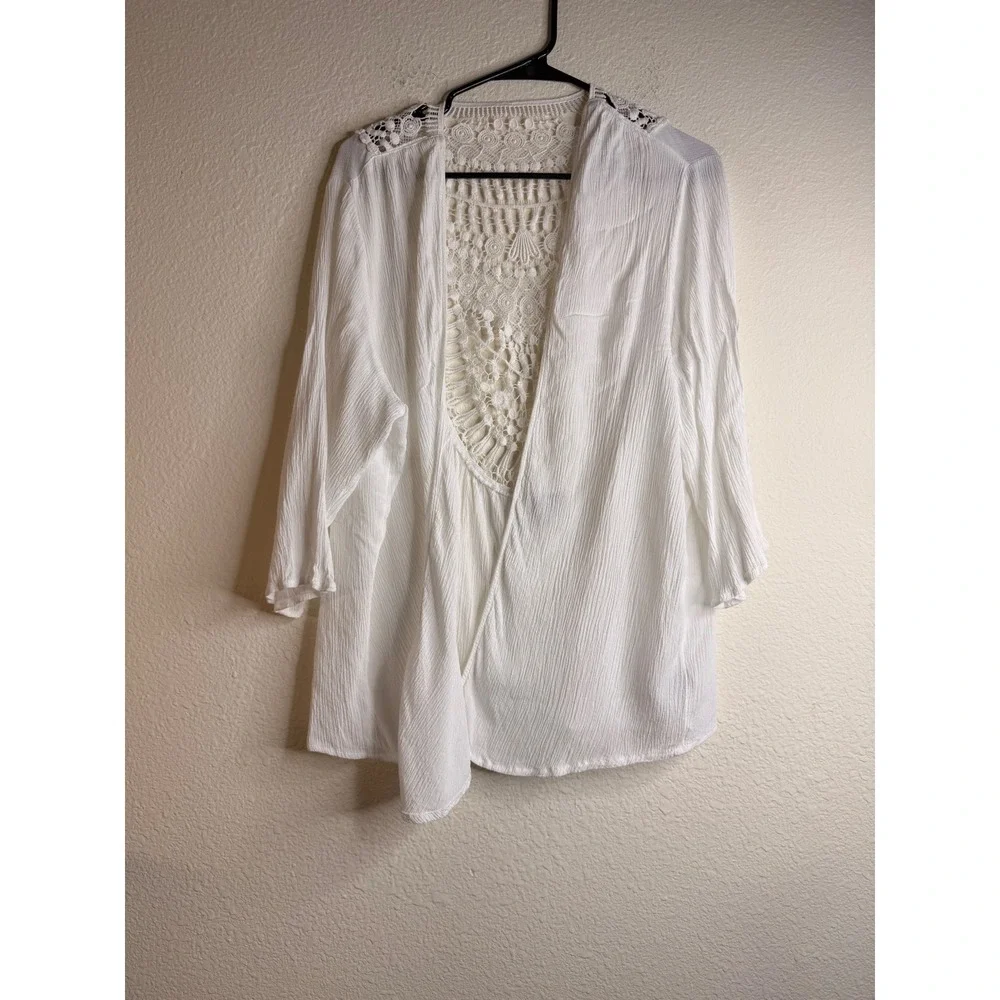 Torrid Women Plus Size 1 1X White Gauze Crochet Lace Back Cardigan Kimono Shrug